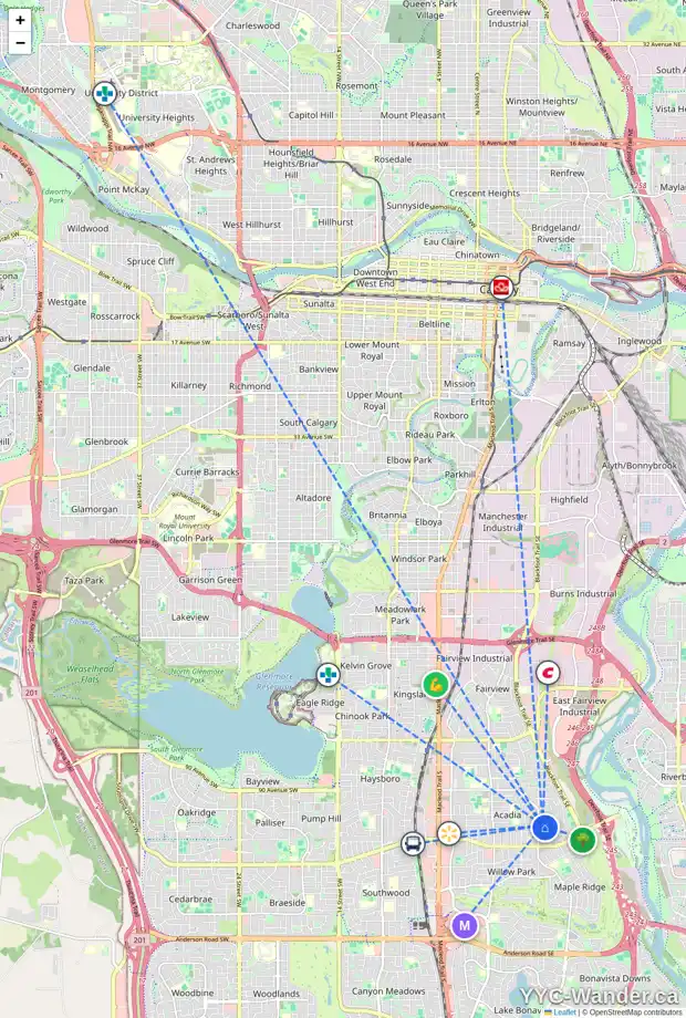 Daily accessibility map for 9735 ACADEMY DR SE, Calgary showing nearby schools, grocery stores, parks, LRT stations and nearby amenities