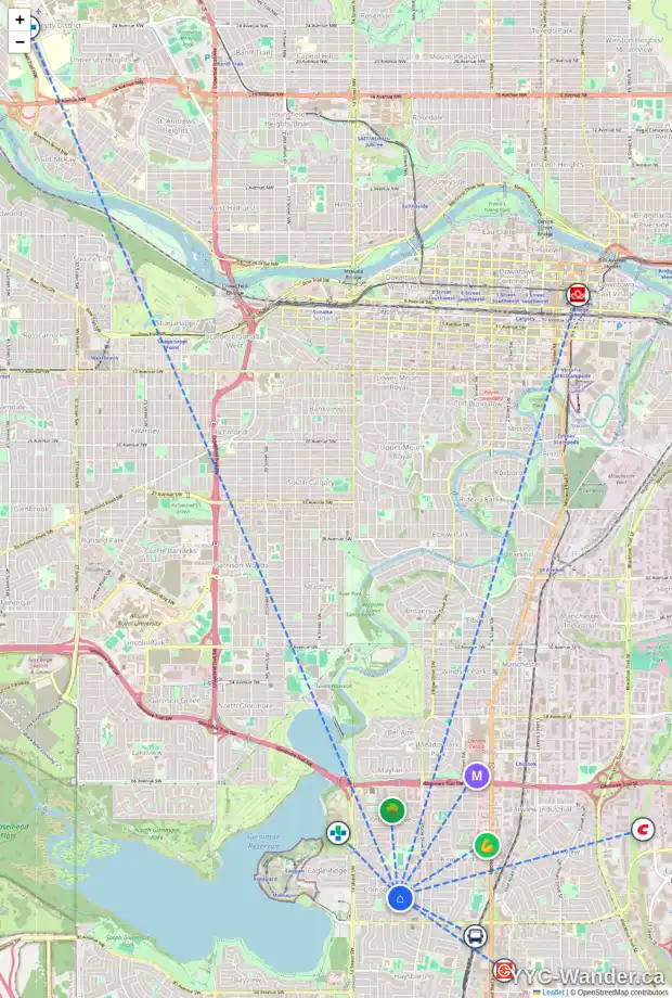 Daily accessibility map for 12 CHINOOK DR SW, Calgary showing nearby schools, grocery stores, parks, LRT stations and nearby amenities