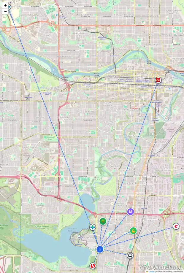 Daily accessibility map for 1423 COLLEEN AV SW, Calgary showing nearby schools, grocery stores, parks, LRT stations and nearby amenities
