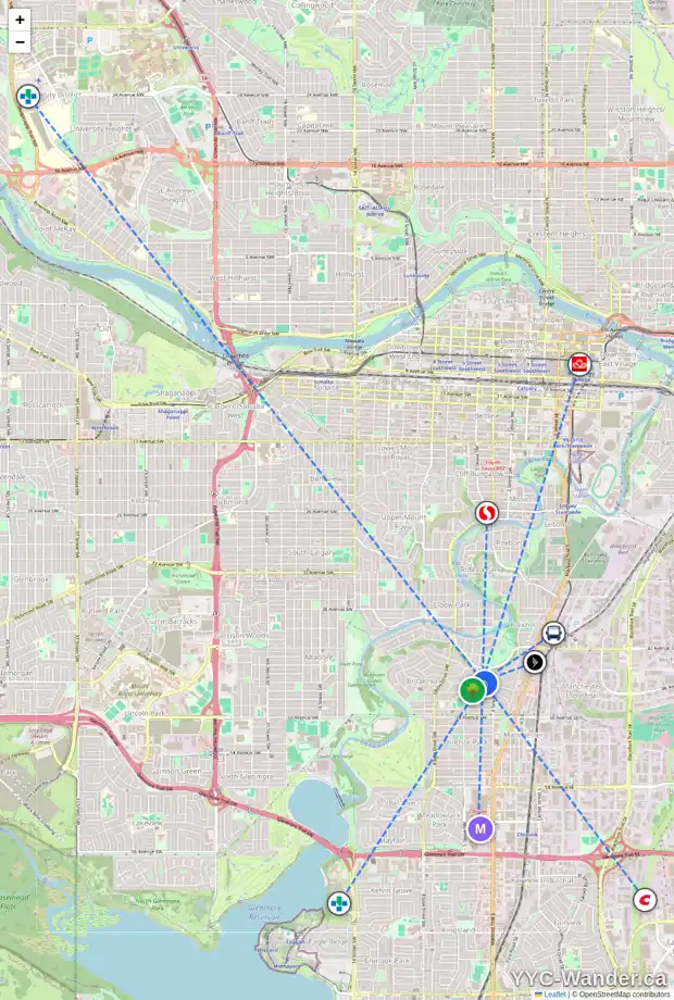 Daily accessibility map for 404 46 AV SW, Calgary showing nearby schools, grocery stores, parks, LRT stations and nearby amenities