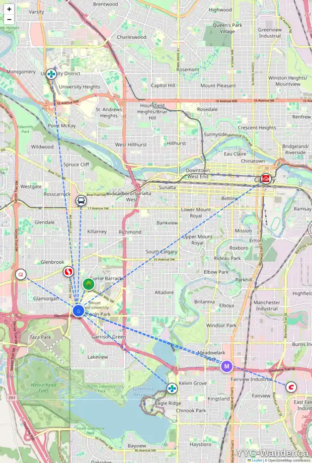 Daily accessibility map for 24 LINCOLN MR SW, Calgary showing nearby schools, grocery stores, parks, LRT stations and nearby amenities