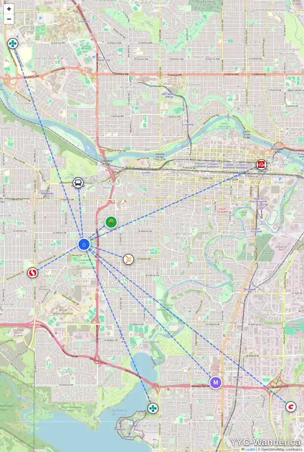 Daily accessibility map for 3024 26 ST SW, Calgary showing nearby schools, grocery stores, parks, LRT stations and nearby amenities