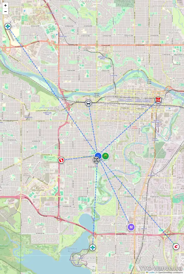 Daily accessibility map for 3232 14 ST SW, Calgary showing nearby schools, grocery stores, parks, LRT stations and nearby amenities