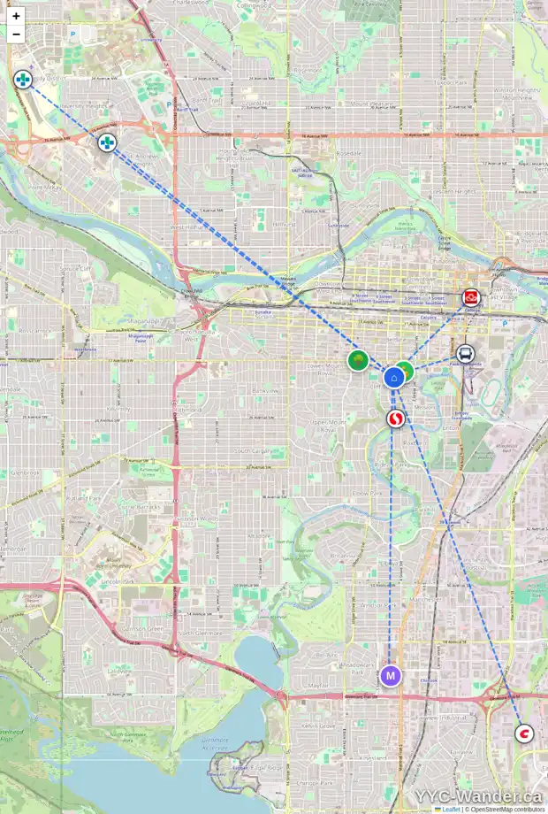 Daily accessibility map for 533 19 AV SW, Calgary showing nearby schools, grocery stores, parks, LRT stations and nearby amenities