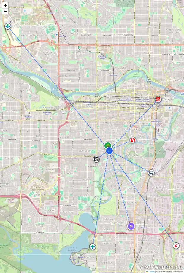 Daily accessibility map for 3018 10 ST SW, Calgary showing nearby schools, grocery stores, parks, LRT stations and nearby amenities