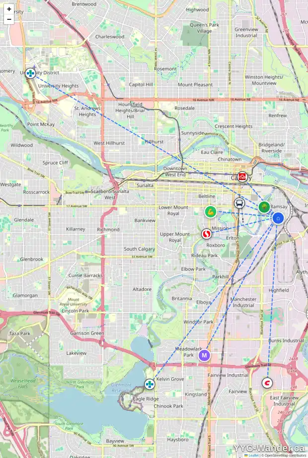 Daily accessibility map for 814 21 AV SE, Calgary showing nearby schools, grocery stores, parks, LRT stations and nearby amenities