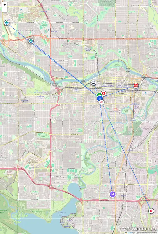 Daily accessibility map for 207 924 14 AV SW, Calgary showing nearby schools, grocery stores, parks, LRT stations and nearby amenities