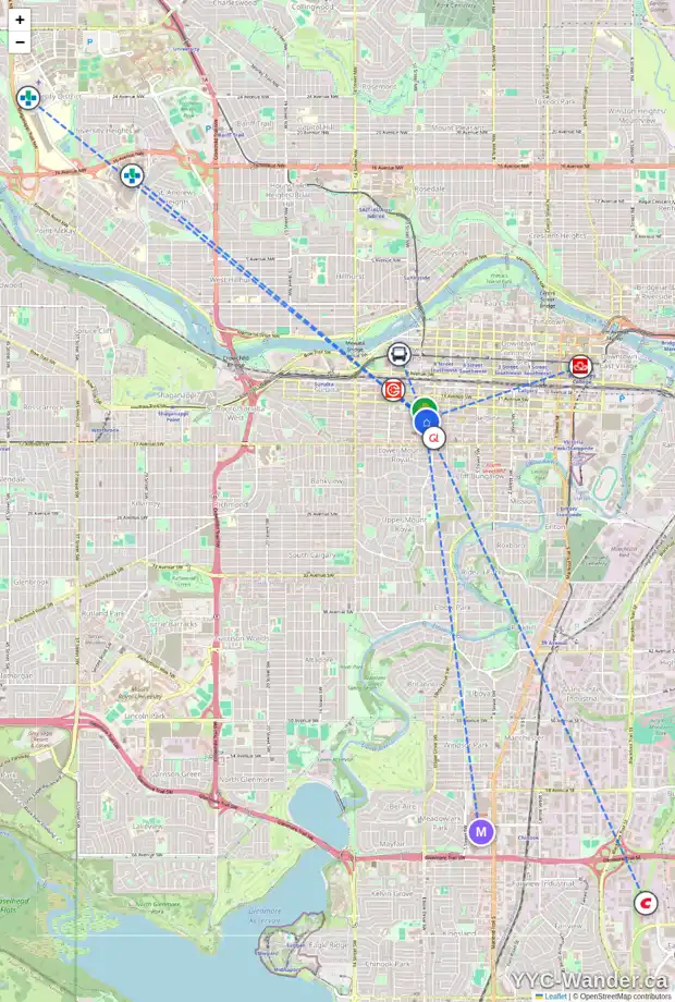 Daily accessibility map for 813 924 14 AV SW, Calgary showing nearby schools, grocery stores, parks, LRT stations and nearby amenities