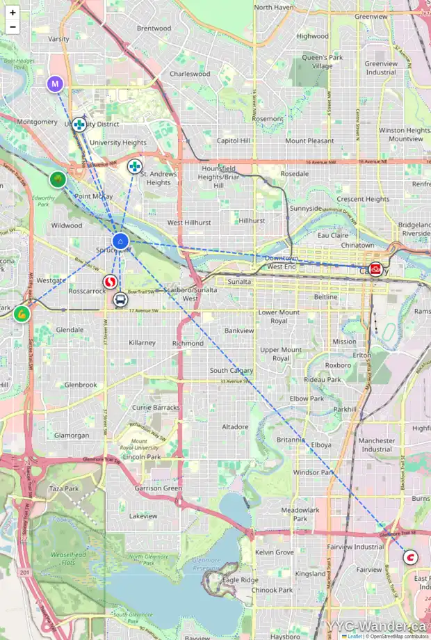 Daily accessibility map for 3535 SPRUCE DR SW, Calgary showing nearby schools, grocery stores, parks, LRT stations and nearby amenities