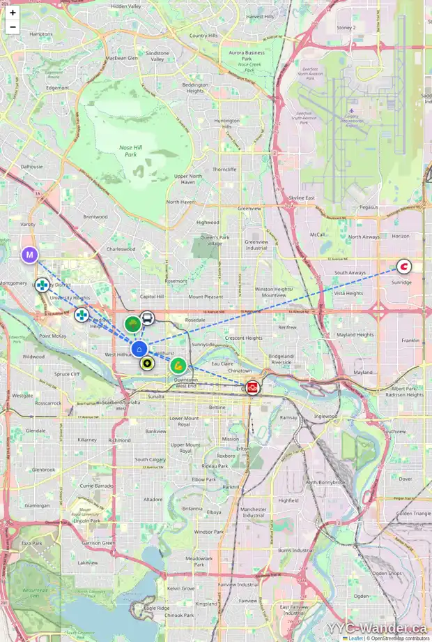 Daily accessibility map for 2031 5 AV NW, Calgary showing nearby schools, grocery stores, parks, LRT stations and nearby amenities
