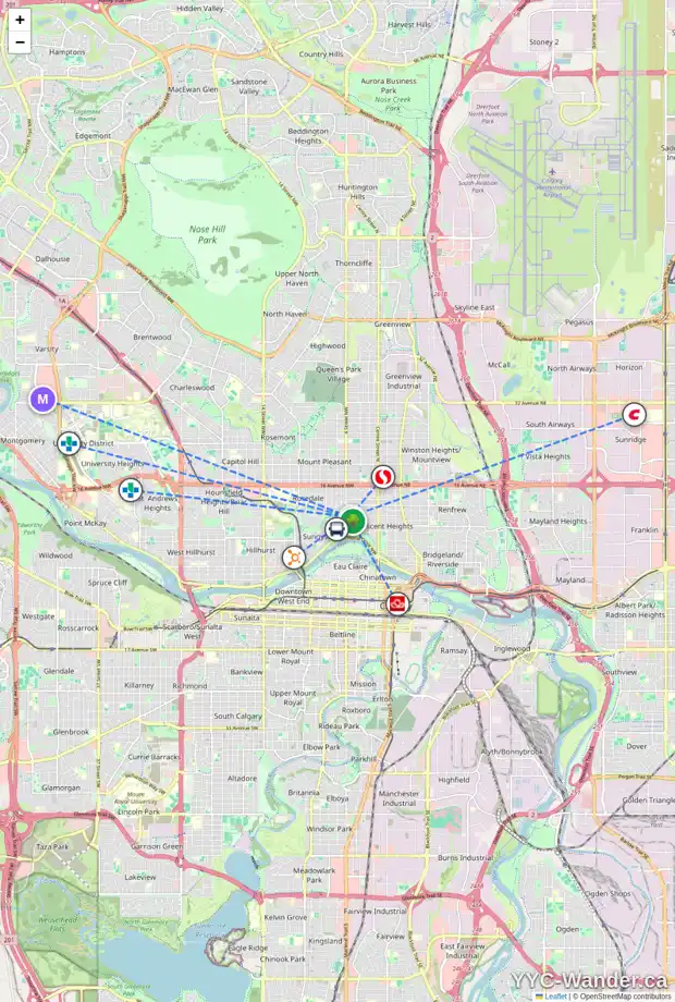 Daily accessibility map for 414 CRESCENT RD NW, Calgary showing nearby schools, grocery stores, parks, LRT stations and nearby amenities