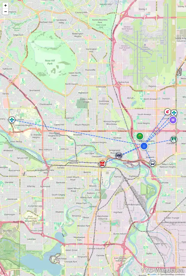 Daily accessibility map for 628 MEOTA RD NE, Calgary showing nearby schools, grocery stores, parks, LRT stations and nearby amenities