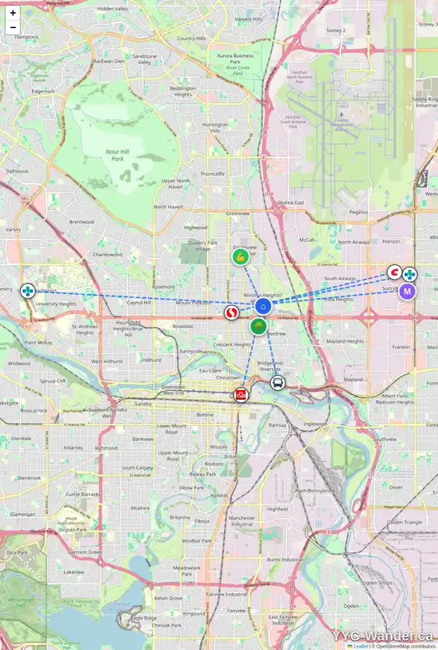 Daily accessibility map for 2032 6 ST NE, Calgary showing nearby schools, grocery stores, parks, LRT stations and nearby amenities