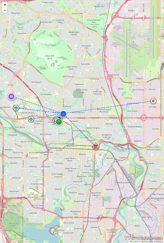 Daily accessibility map for 1511 20 AV NW, Calgary showing nearby schools, grocery stores, parks, LRT stations and nearby amenities