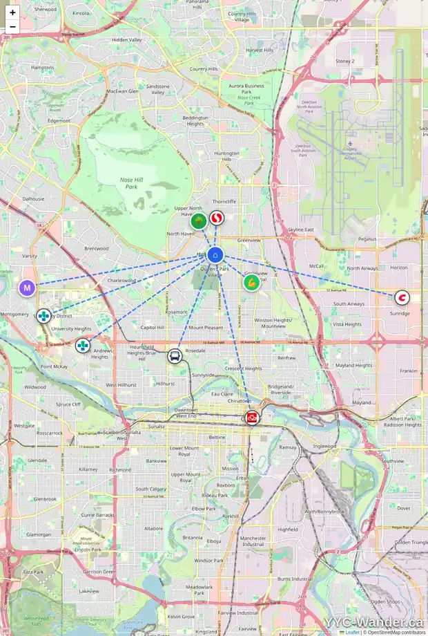 Daily accessibility map for 64 HARTFORD RD NW, Calgary showing nearby schools, grocery stores, parks, LRT stations and nearby amenities