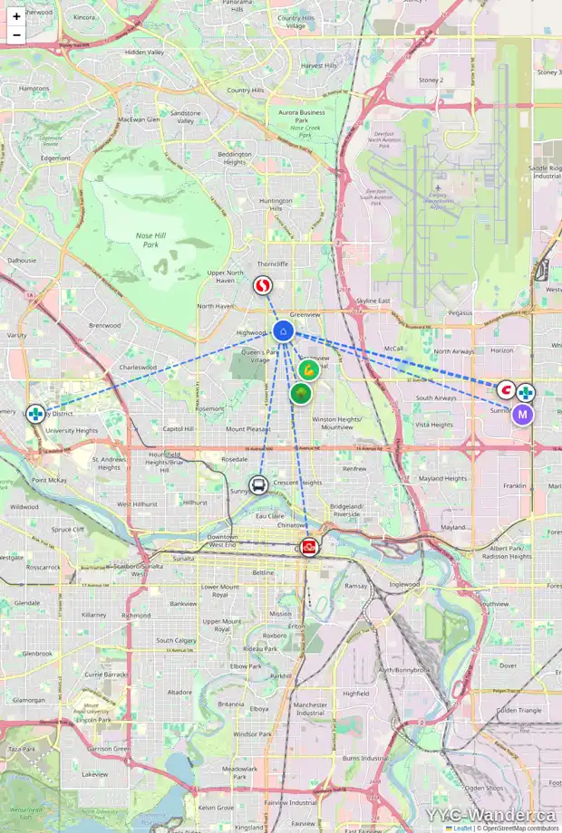Daily accessibility map for 4359 2 ST NW, Calgary showing nearby schools, grocery stores, parks, LRT stations and nearby amenities