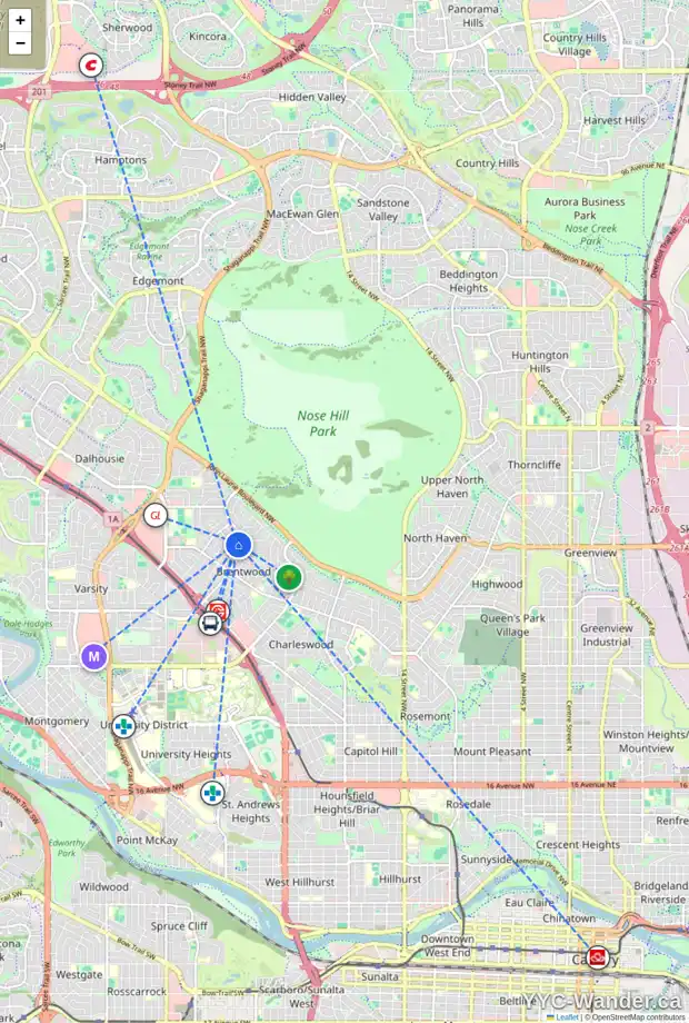 Daily accessibility map for 4911 BROCKINGTON RD NW, Calgary showing nearby schools, grocery stores, parks, LRT stations and nearby amenities