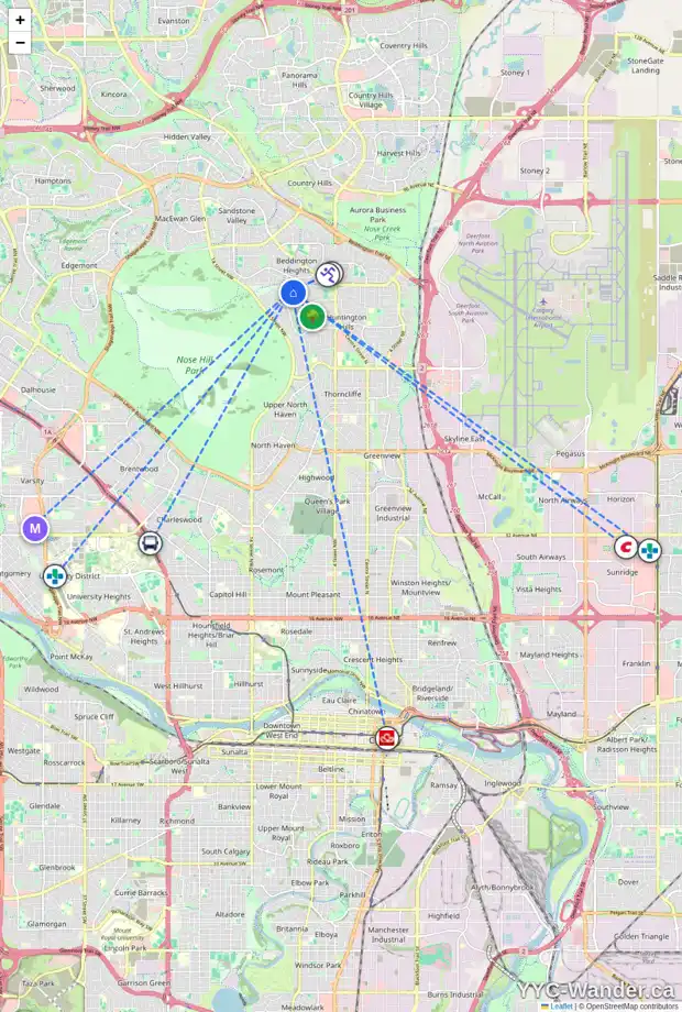 Daily accessibility map for 1141 HUNTERSTON HL NW, Calgary showing nearby schools, grocery stores, parks, LRT stations and nearby amenities