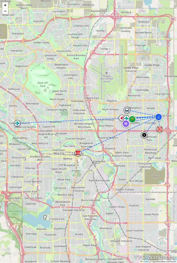 Daily accessibility map for 1015 PINECLIFF DR NE, Calgary showing nearby schools, grocery stores, parks, LRT stations and nearby amenities