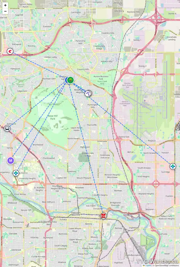 Daily accessibility map for 288 SANDPIPER CI NW, Calgary showing nearby schools, grocery stores, parks, LRT stations and nearby amenities