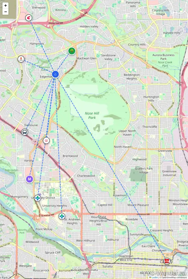 Daily accessibility map for 8257 EDGEBROOK DR NW, Calgary showing nearby schools, grocery stores, parks, LRT stations and nearby amenities