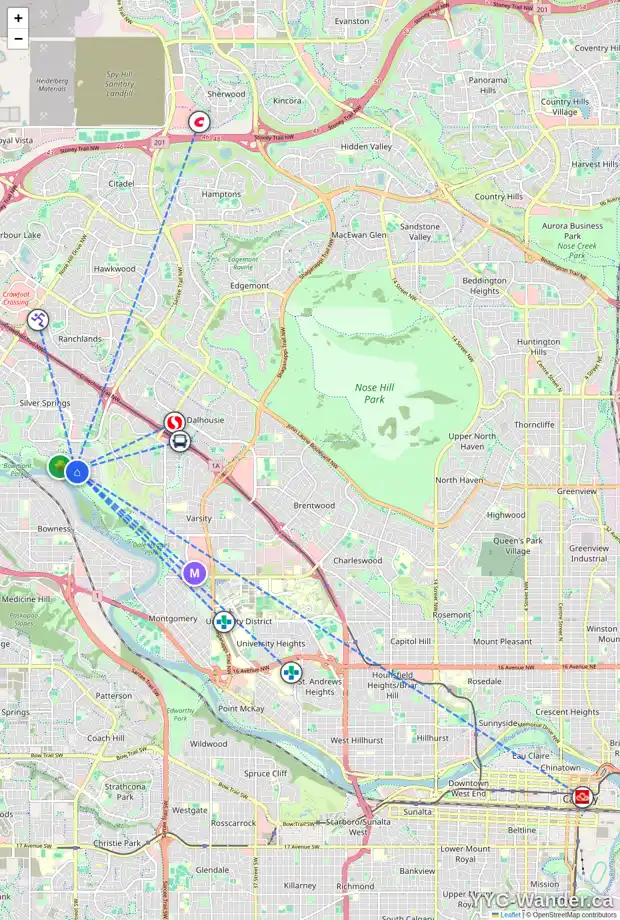 Daily accessibility map for 5108 69 ST NW, Calgary showing nearby schools, grocery stores, parks, LRT stations and nearby amenities