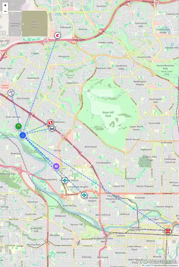 Daily accessibility map for 5427 SILVERDALE DR NW, Calgary showing nearby schools, grocery stores, parks, LRT stations and nearby amenities