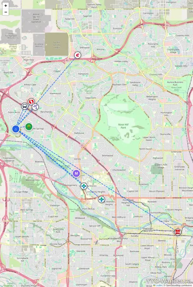 Daily accessibility map for 60 SCENIC RIDGE CR NW, Calgary showing nearby schools, grocery stores, parks, LRT stations and nearby amenities