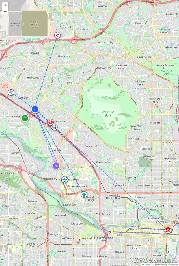 Daily accessibility map for 911 RANCHVIEW CR NW, Calgary showing nearby schools, grocery stores, parks, LRT stations and nearby amenities