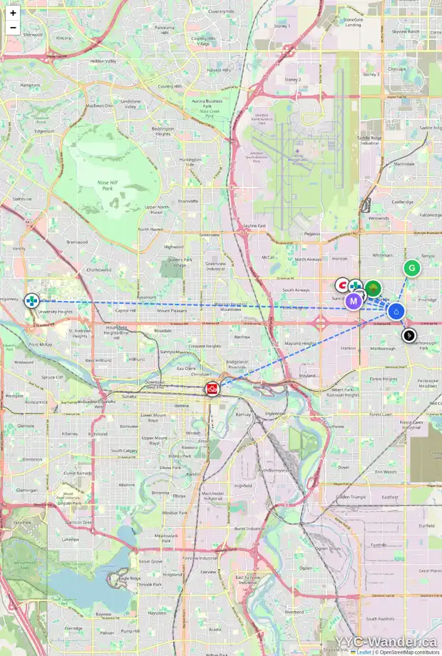 Daily accessibility map for 2204 48 ST NE, Calgary showing nearby schools, grocery stores, parks, LRT stations and nearby amenities