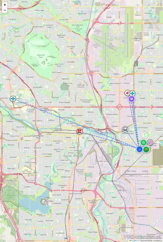 Daily accessibility map for 2625 41 ST SE, Calgary showing nearby schools, grocery stores, parks, LRT stations and nearby amenities