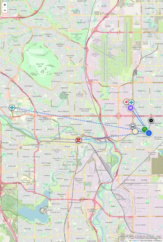 Daily accessibility map for 5027 MEMORIAL DR SE, Calgary showing nearby schools, grocery stores, parks, LRT stations and nearby amenities