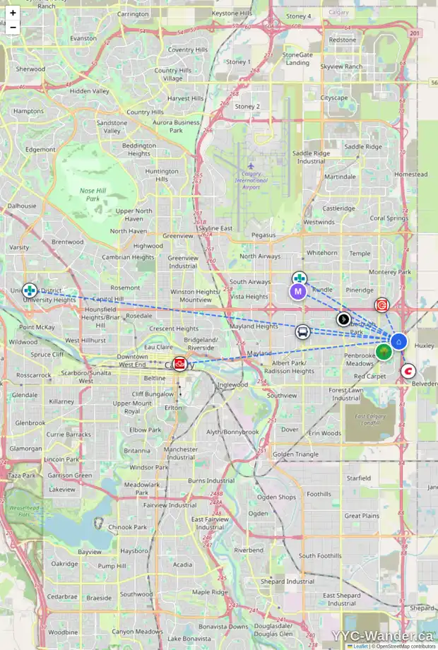 Daily accessibility map for 67 ABERDARE RD NE, Calgary showing nearby schools, grocery stores, parks, LRT stations and nearby amenities