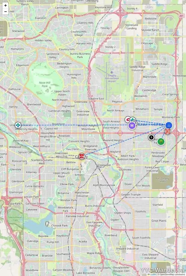 Daily accessibility map for 85 DEL RIO PL NE, Calgary showing nearby schools, grocery stores, parks, LRT stations and nearby amenities