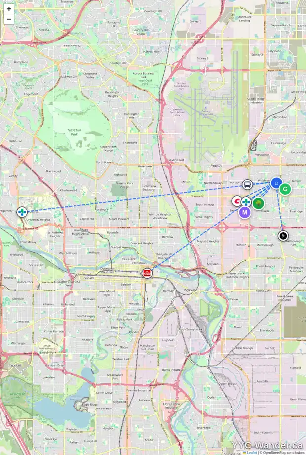 Daily accessibility map for 3904 49 ST NE, Calgary showing nearby schools, grocery stores, parks, LRT stations and nearby amenities