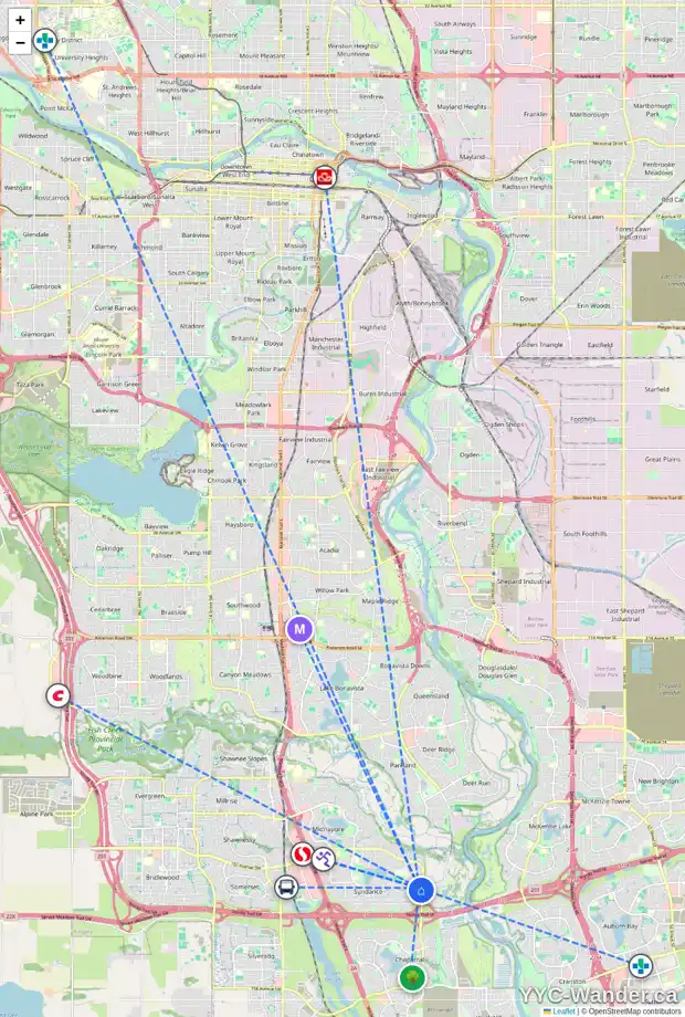 Daily accessibility map for 111 SUN HARBOUR CR SE, Calgary showing nearby schools, grocery stores, parks, LRT stations and nearby amenities