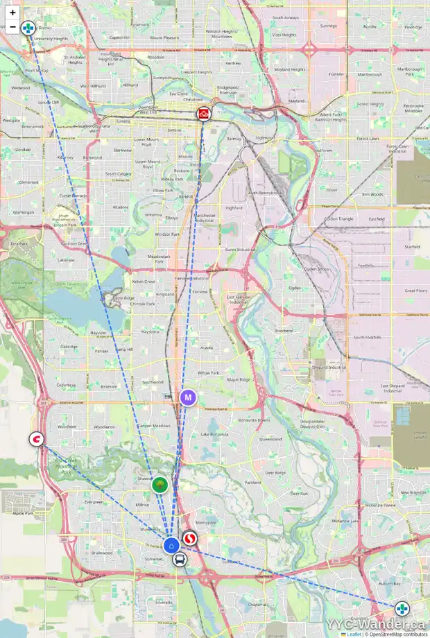 Daily accessibility map for 3 SHAWGLEN RD SW, Calgary showing nearby schools, grocery stores, parks, LRT stations and nearby amenities