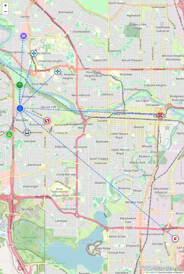 Daily accessibility map for 140 WESTVIEW DR SW, Calgary showing nearby schools, grocery stores, parks, LRT stations and nearby amenities