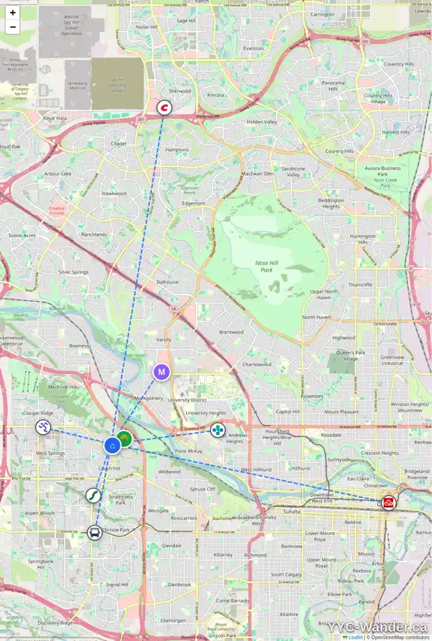 Daily accessibility map for 63 PATTERSON BV SW, Calgary showing nearby schools, grocery stores, parks, LRT stations and nearby amenities