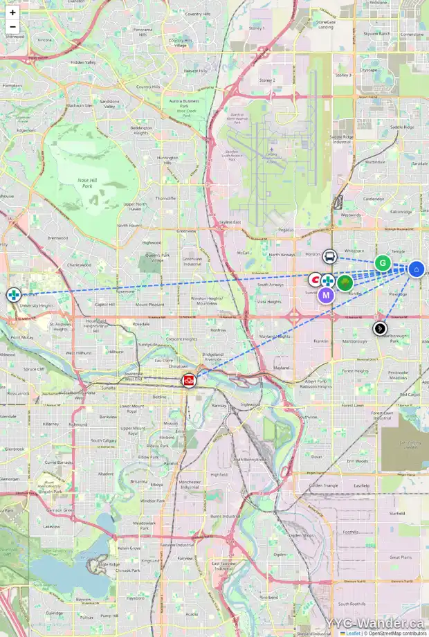 Daily accessibility map for 6719 34 AV NE, Calgary showing nearby schools, grocery stores, parks, LRT stations and nearby amenities