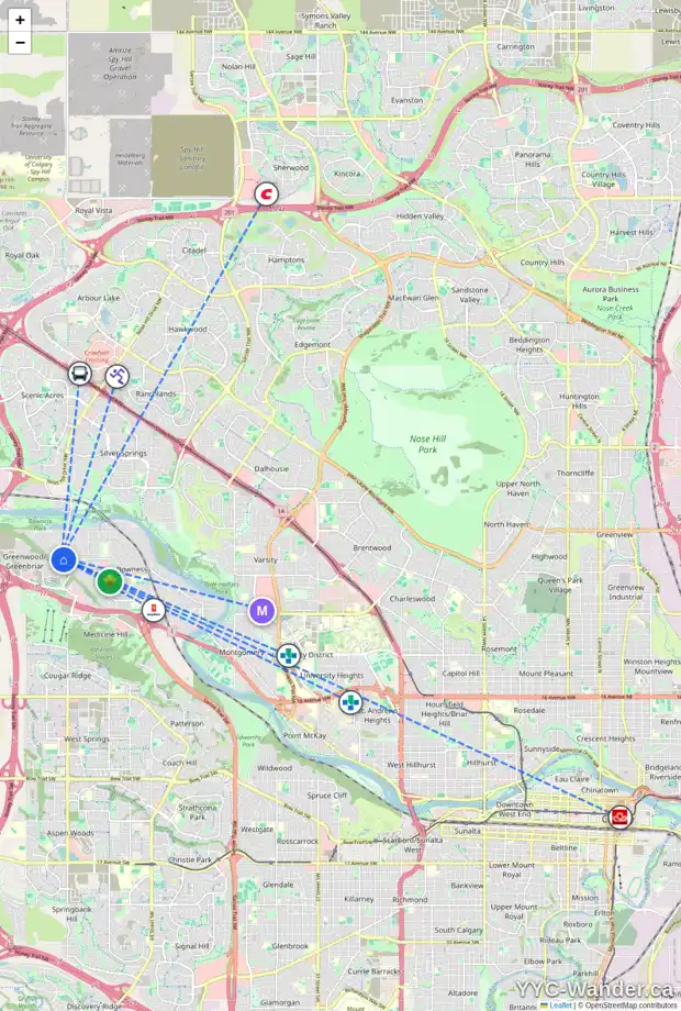 Daily accessibility map for 8609 34 AV NW, Calgary showing nearby schools, grocery stores, parks, LRT stations and nearby amenities