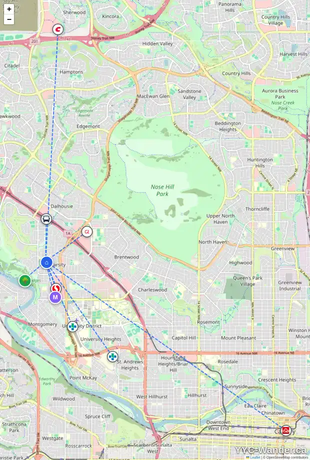 Daily accessibility map for 5240 44 AV NW, Calgary showing nearby schools, grocery stores, parks, LRT stations and nearby amenities