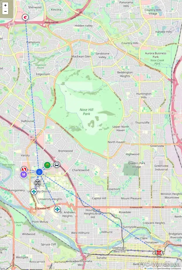 Daily accessibility map for 16 VARTOWN PL NW, Calgary showing nearby schools, grocery stores, parks, LRT stations and nearby amenities
