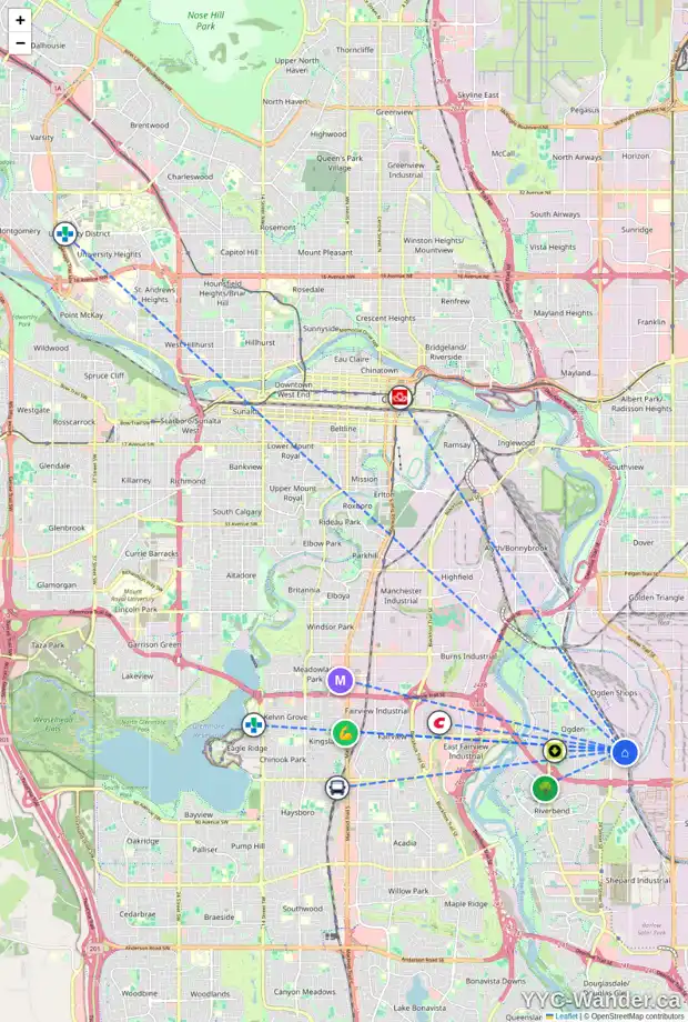 Daily accessibility map for 7606 27 ST SE, Calgary showing nearby schools, grocery stores, parks, LRT stations and nearby amenities