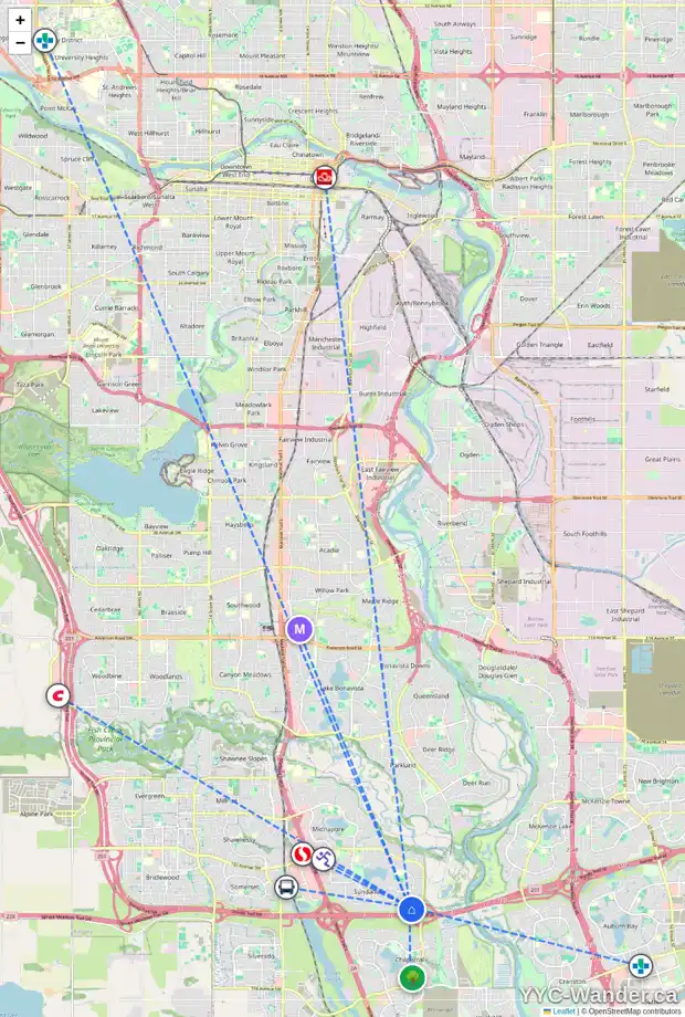 Daily accessibility map for 1407 SUNVISTA WY SE, Calgary showing nearby schools, grocery stores, parks, LRT stations and nearby amenities
