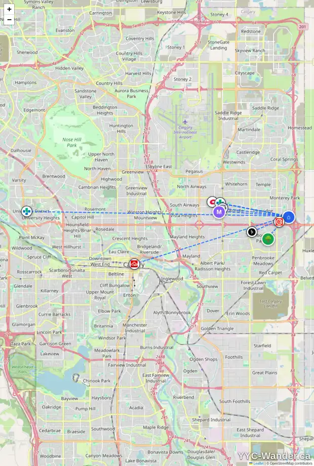 Daily accessibility map for 7115 CALIFORNIA BV NE, Calgary showing nearby schools, grocery stores, parks, LRT stations and nearby amenities