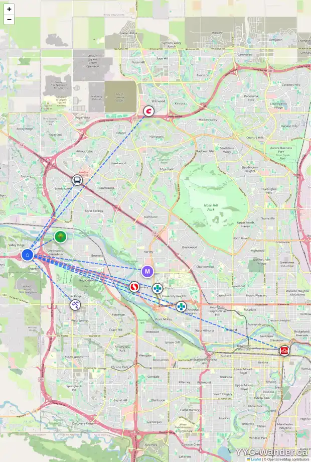Daily accessibility map for 159 VALLEY MEADOW CL NW, Calgary showing nearby schools, grocery stores, parks, LRT stations and nearby amenities