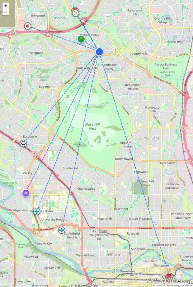 Daily accessibility map for 92 HIDDEN VALE CL NW, Calgary showing nearby schools, grocery stores, parks, LRT stations and nearby amenities