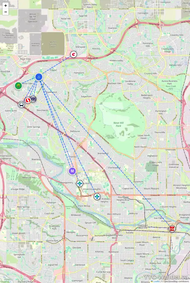 Daily accessibility map for 24 ARBOUR RIDGE PL NW, Calgary showing nearby schools, grocery stores, parks, LRT stations and nearby amenities