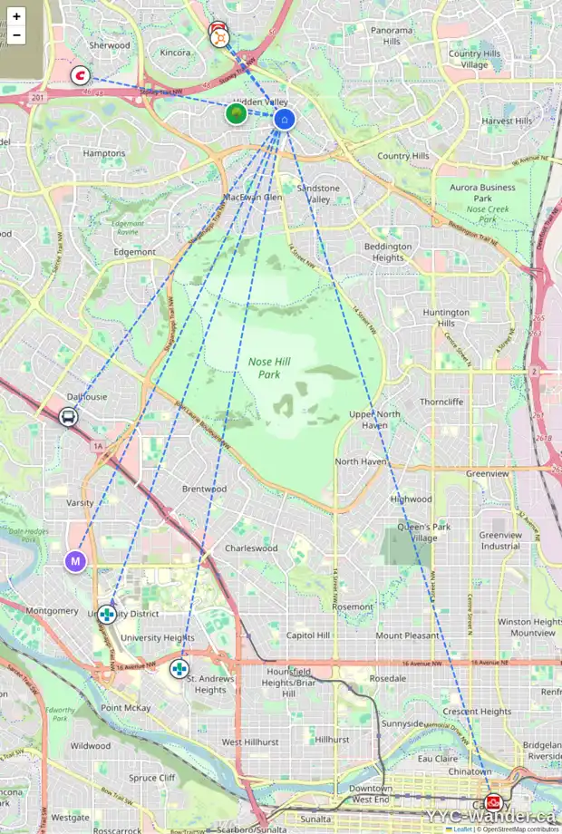 Daily accessibility map for 15 HIDDEN SPRING CO NW, Calgary showing nearby schools, grocery stores, parks, LRT stations and nearby amenities